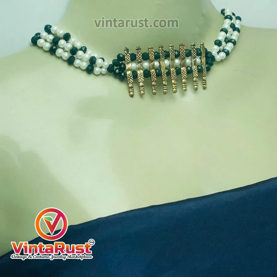 Green and White Beaded Multilayers Chains Tribal Necklace