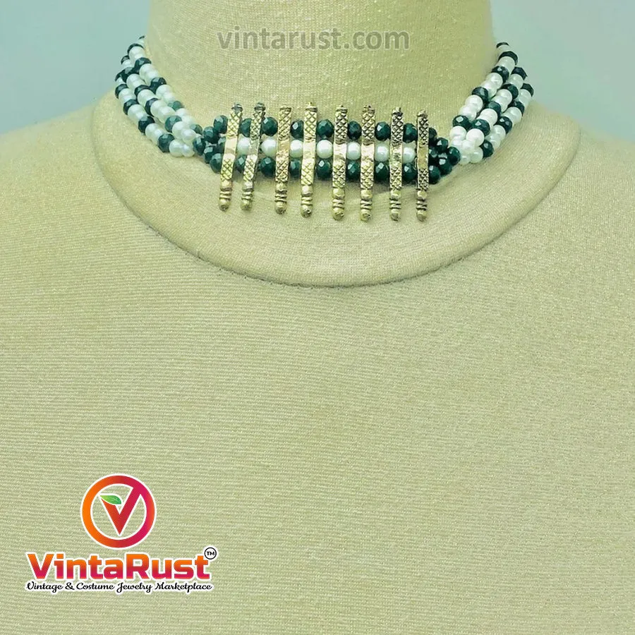 Green and White Beaded Multilayers Chains Tribal Necklace