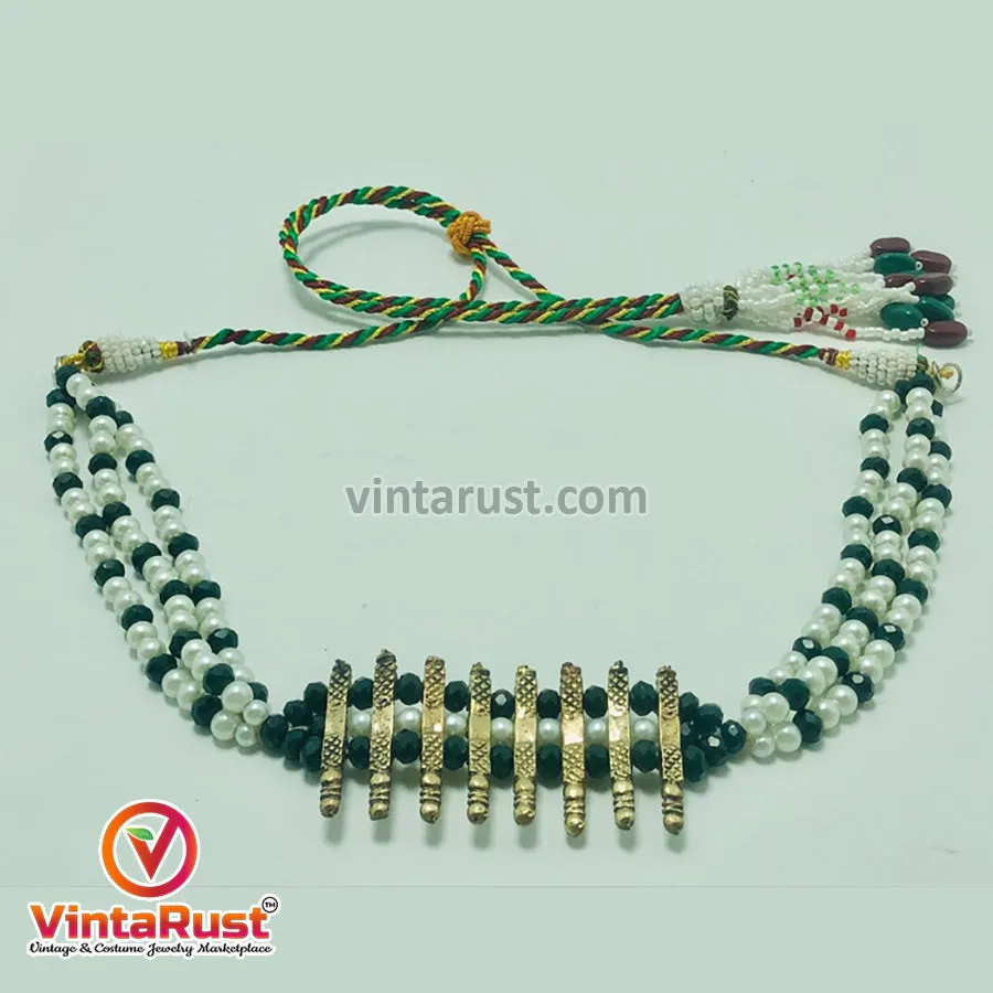 Green and White Beaded Multilayers Chains Tribal Necklace