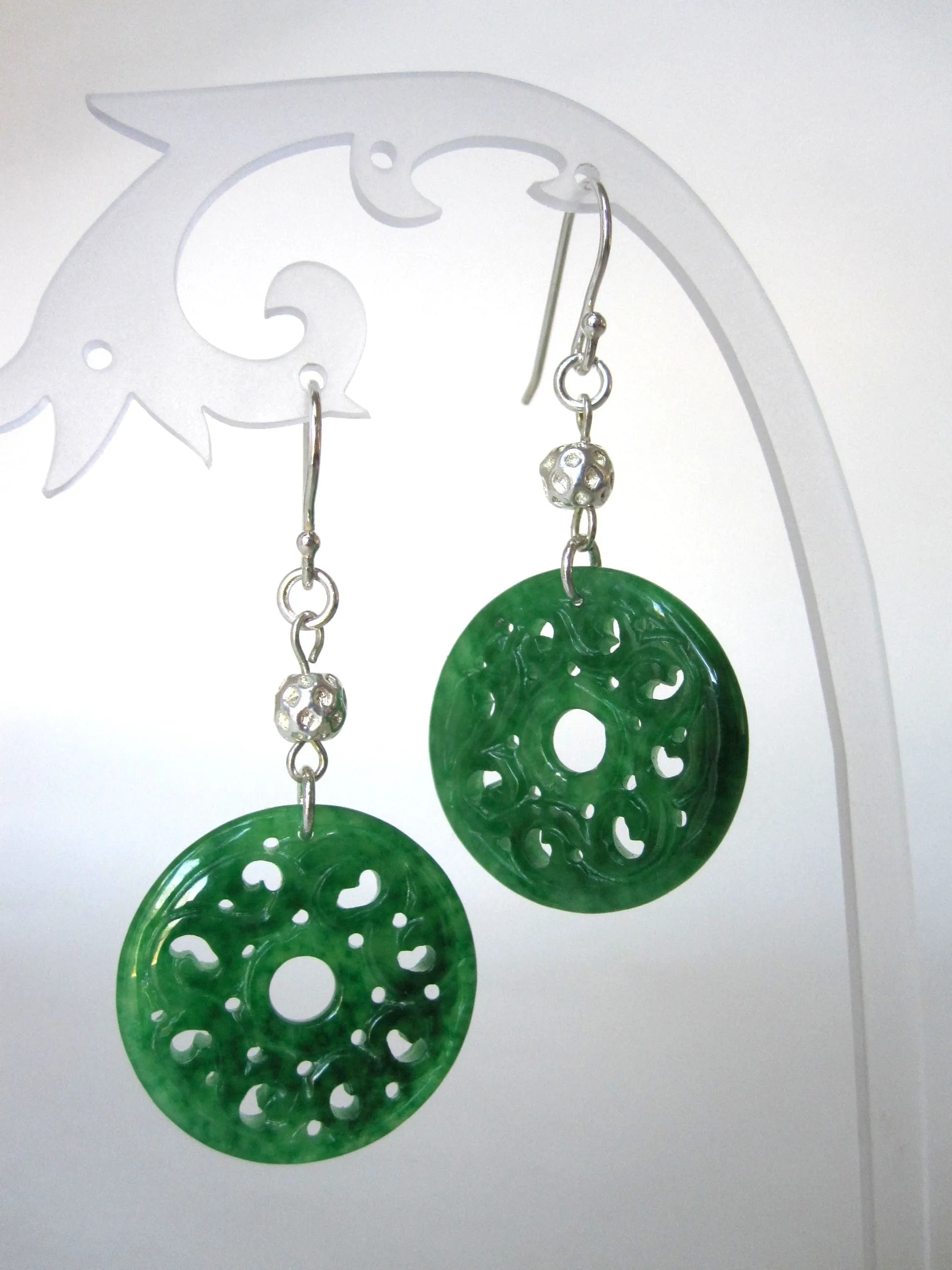 Green Carved Disc Jade and 925 Silver Hook Earrings