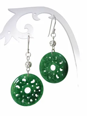 Green Carved Disc Jade and 925 Silver Hook Earrings