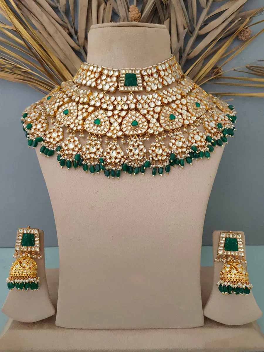 Green Color Gold Plated Jadau Kundan Bridal Necklace Set - MS1483YGR