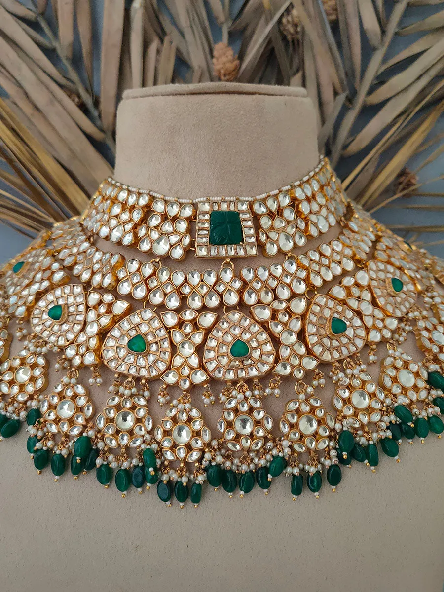 Green Color Gold Plated Jadau Kundan Bridal Necklace Set - MS1483YGR