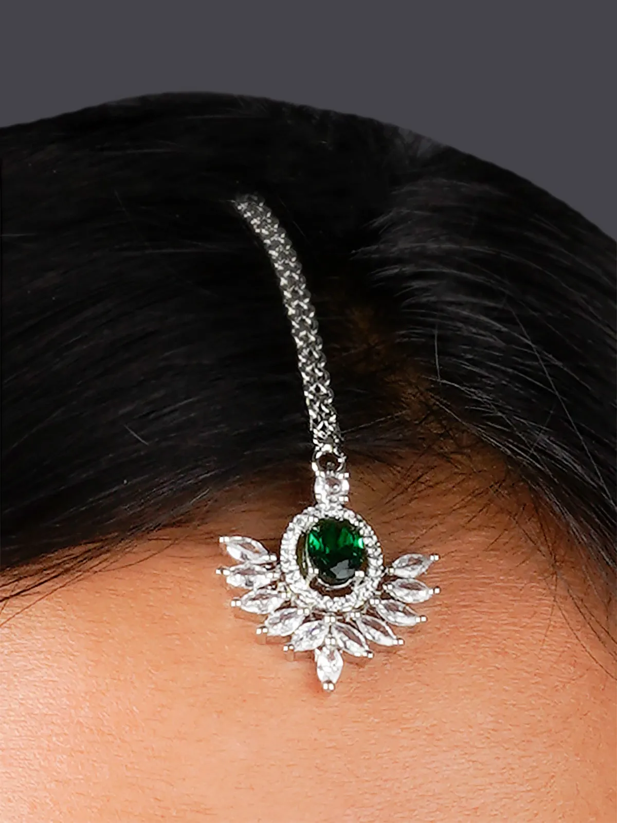 Green Color Silver Plated Faux Diamond Bridal Necklace Set - CZSET325GR