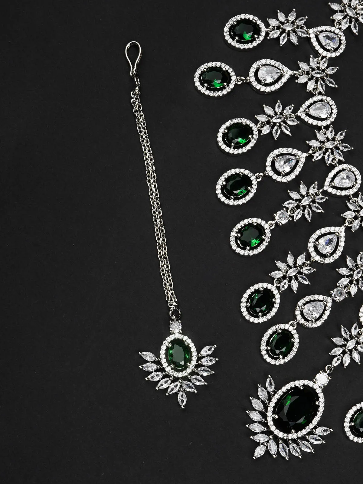 Green Color Silver Plated Faux Diamond Bridal Necklace Set - CZSET325GR