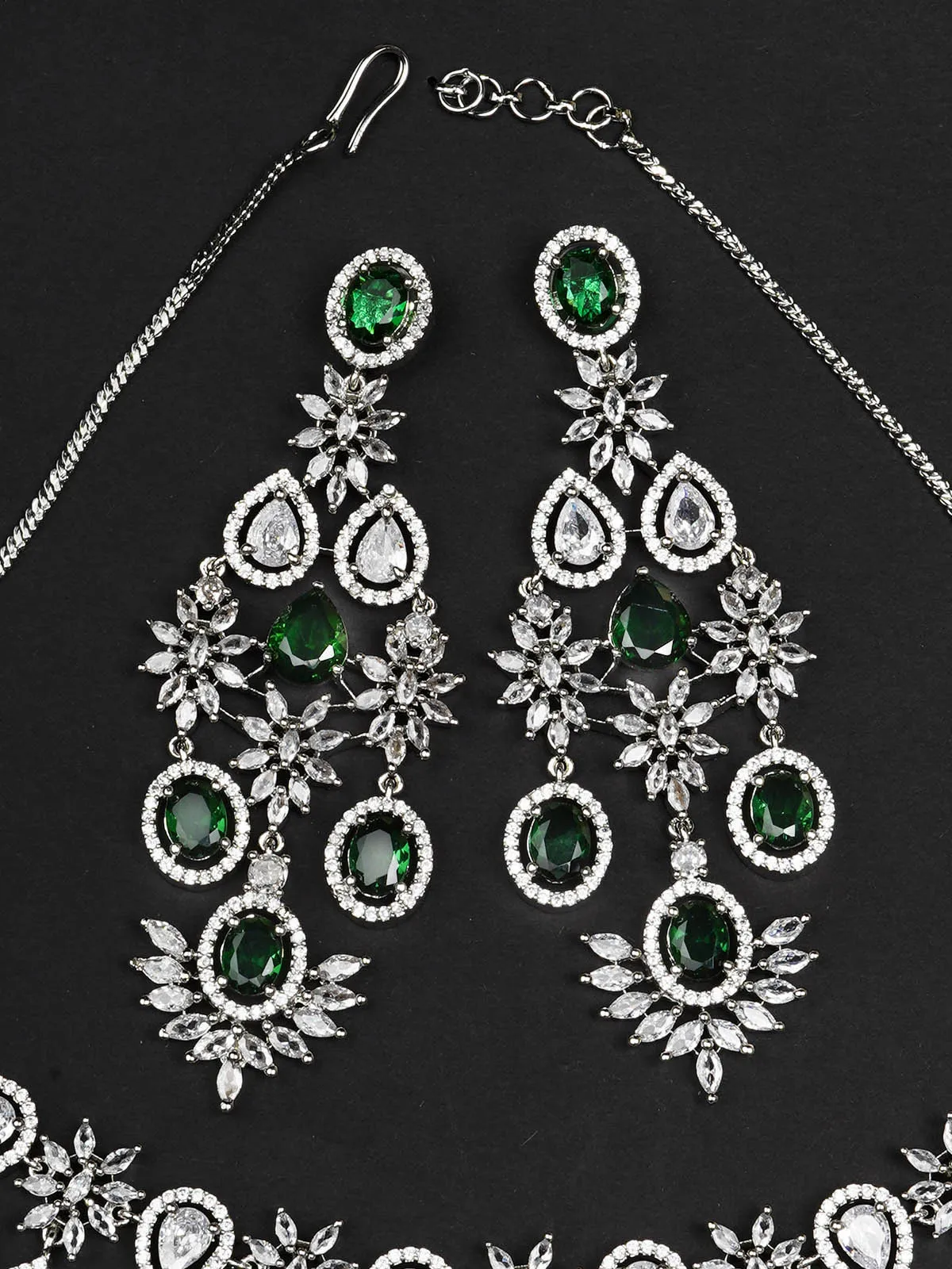 Green Color Silver Plated Faux Diamond Bridal Necklace Set - CZSET325GR