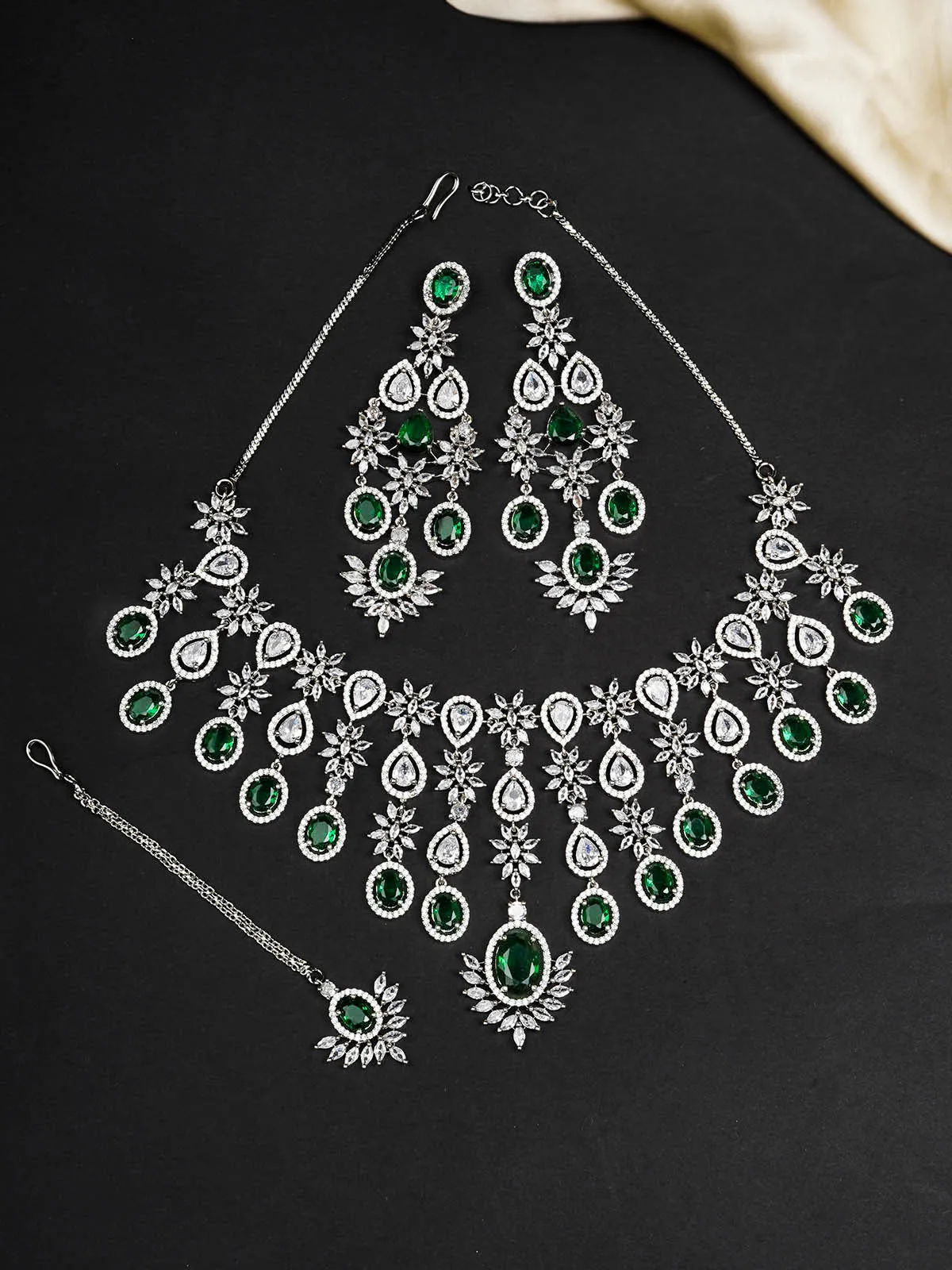 Green Color Silver Plated Faux Diamond Bridal Necklace Set - CZSET325GR