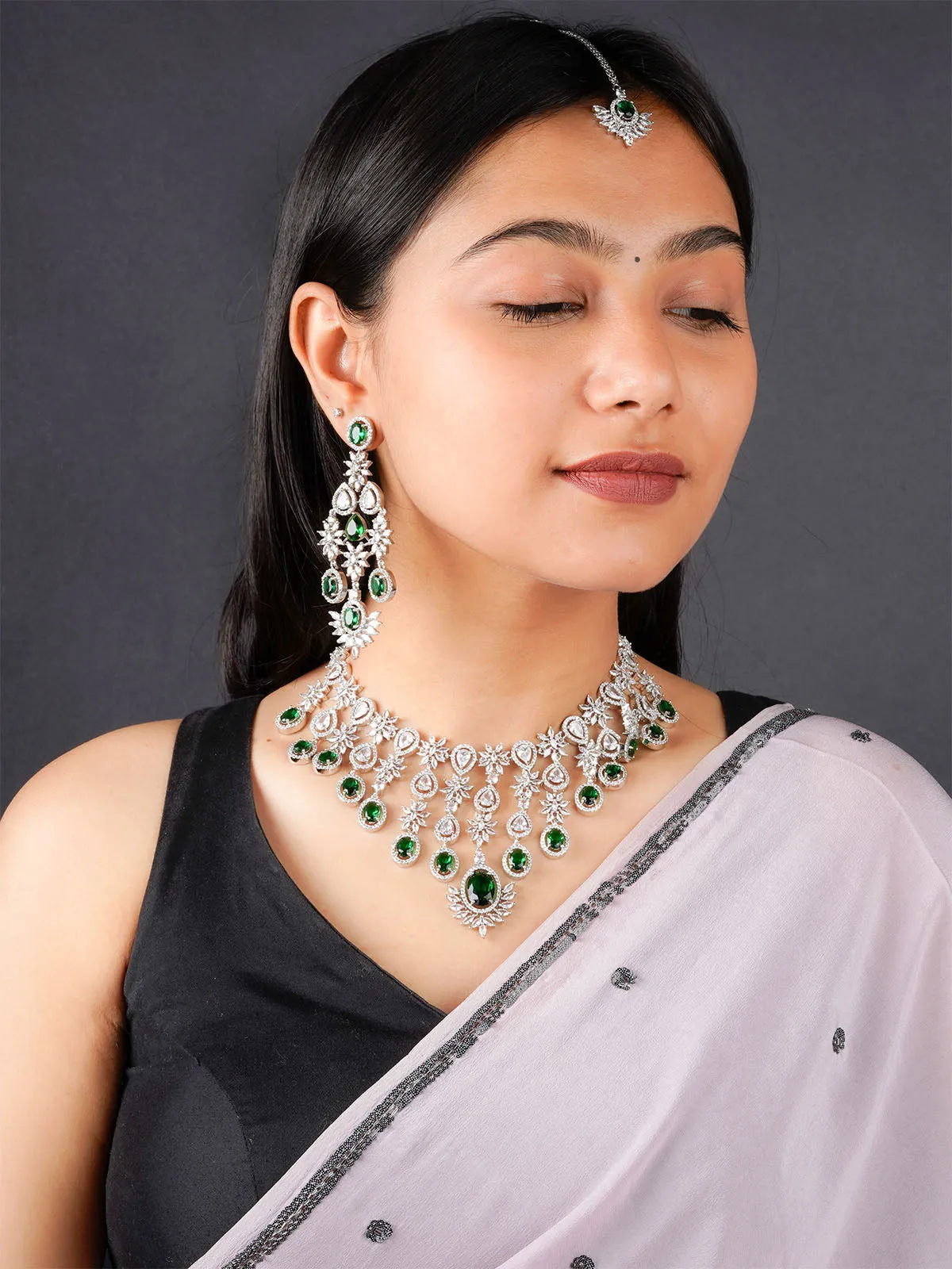 Green Color Silver Plated Faux Diamond Bridal Necklace Set - CZSET325GR