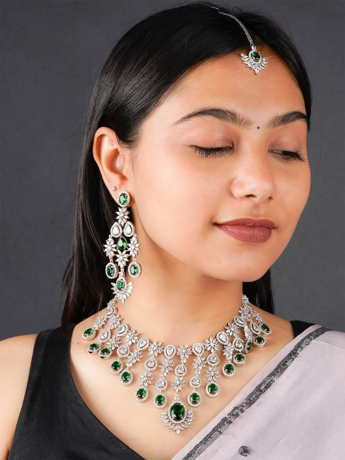 Green Color Silver Plated Faux Diamond Bridal Necklace Set - CZSET325GR