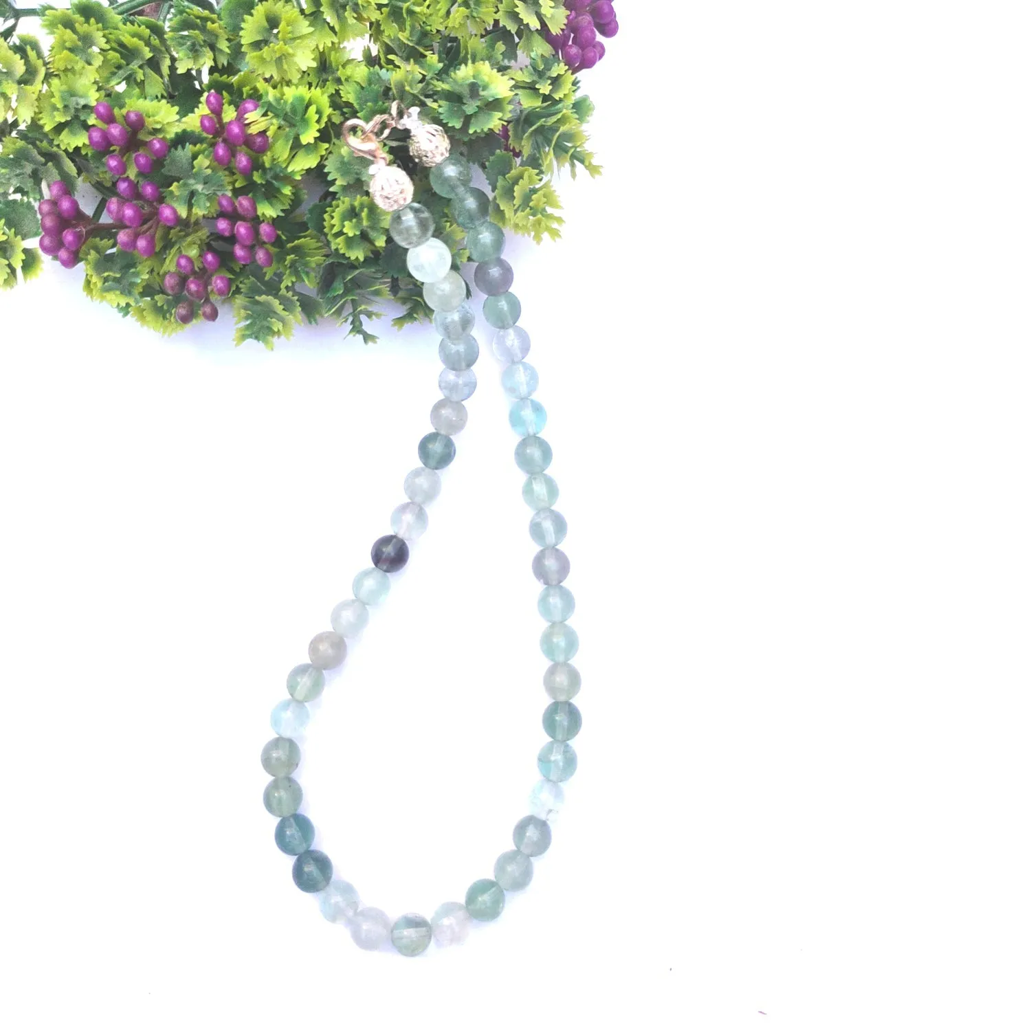 Green Fluorite Crystal Round Beads Necklace 15 Inches, 6mm Beads (Semi-Precious Mala)