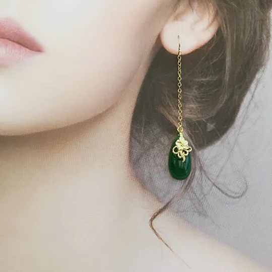 Green Jade Earrings with Long Dangle Chain