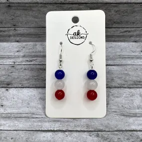 Handmade Beaded Gemstone  Red, White & Blue Patriotic USA Earrings, Jade, Agate