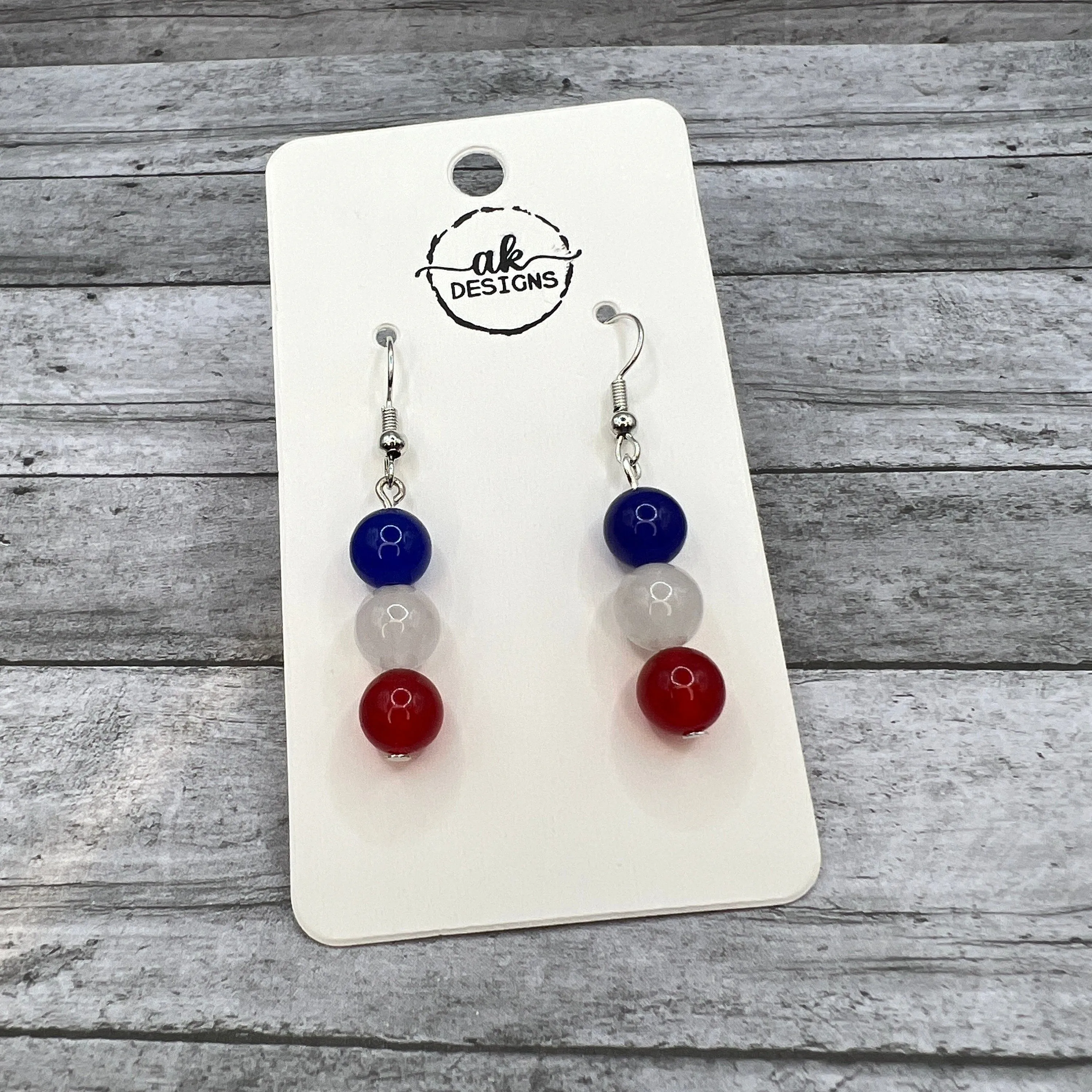 Handmade Beaded Gemstone  Red, White & Blue Patriotic USA Earrings, Jade, Agate