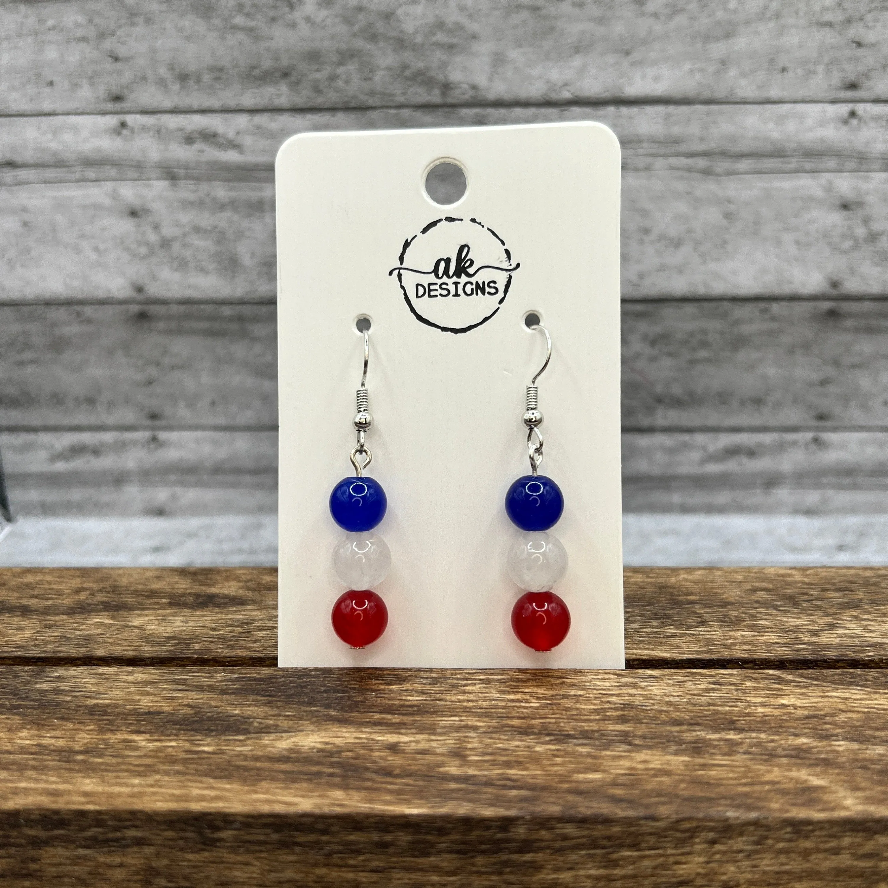 Handmade Beaded Gemstone  Red, White & Blue Patriotic USA Earrings, Jade, Agate