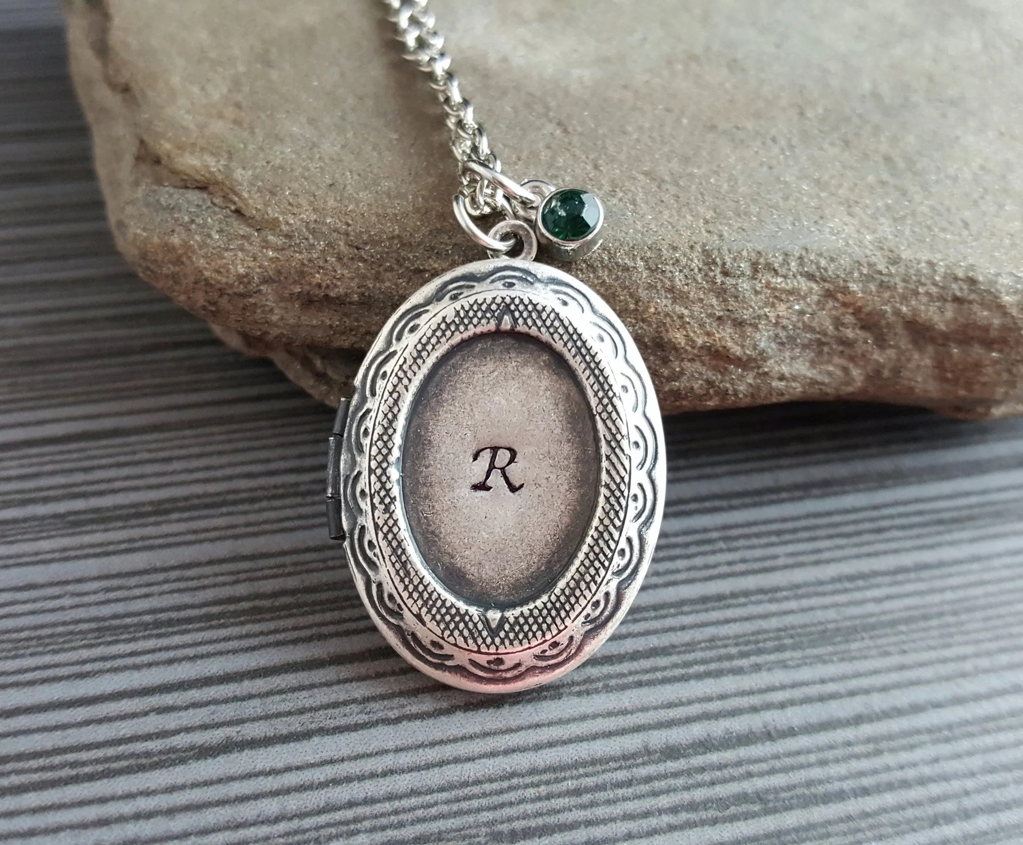 Handmade Hand Stamped Initial Personalized Birthstone Locket Necklace