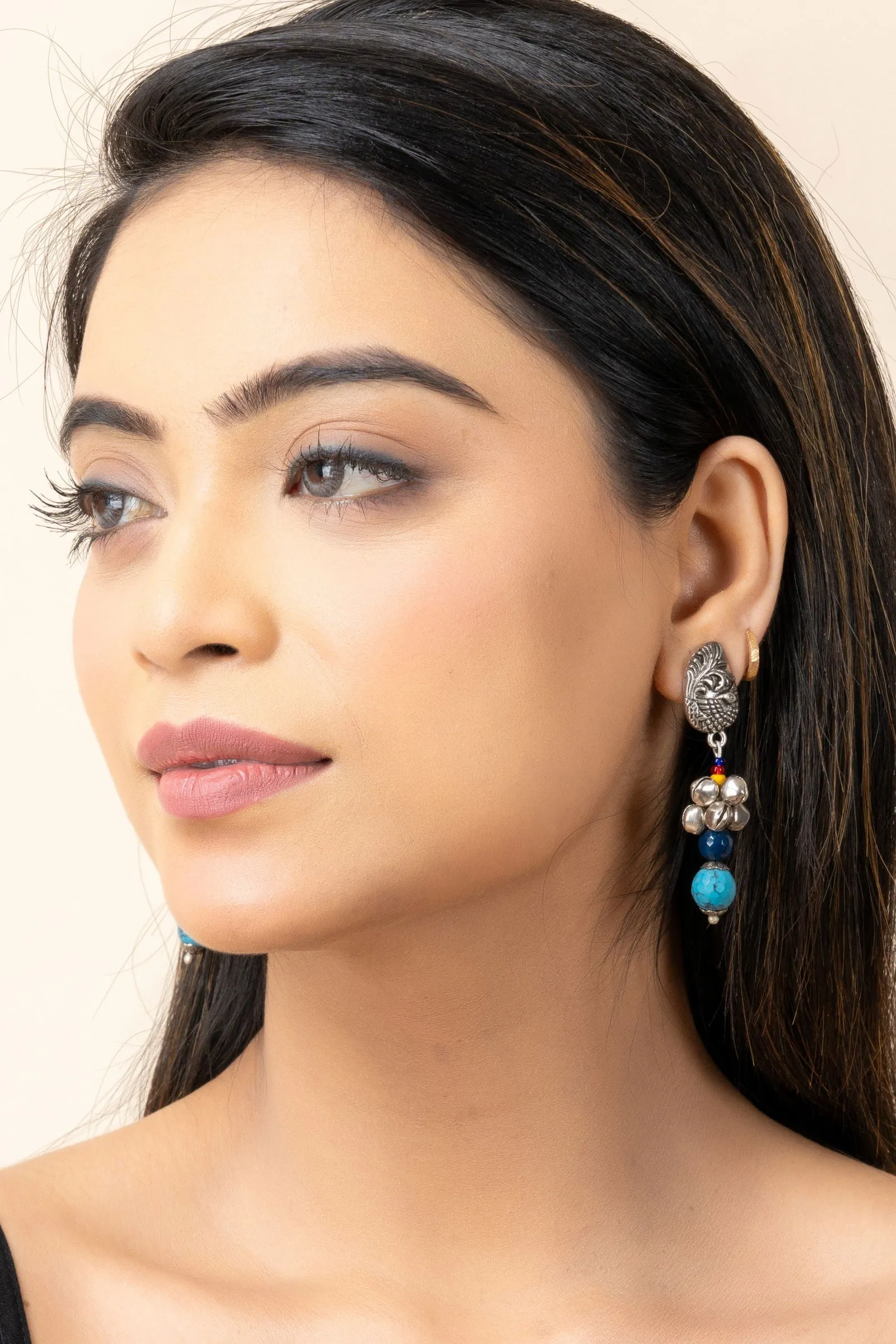 Handmade Indian Jewelry: Oxidized Peacock Stud Earrings with Semi Precious Onyx & Turquoise, Ghungroo