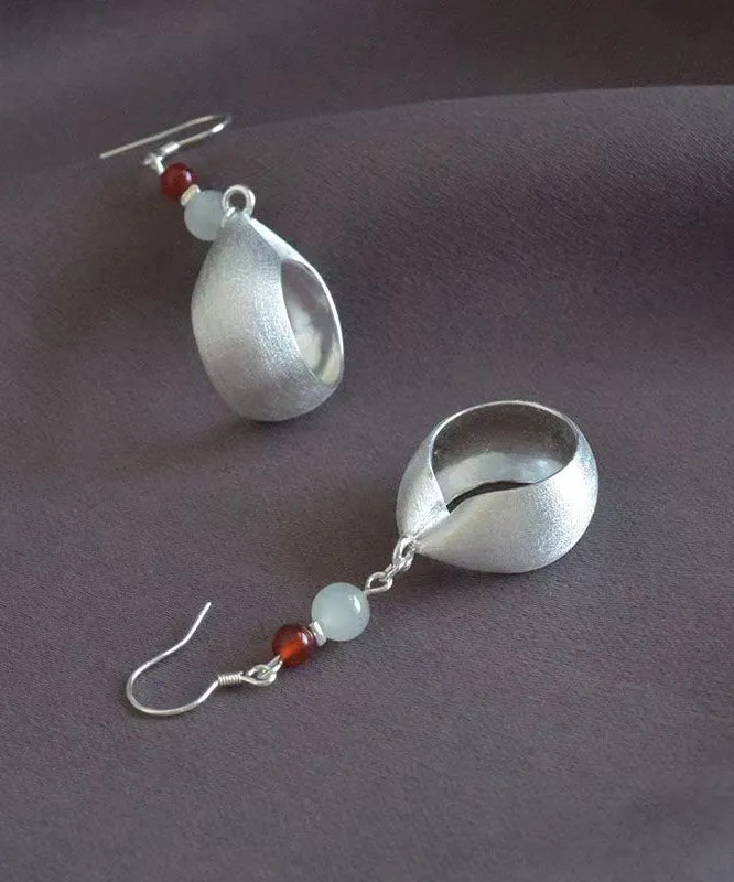 Handmade Retro Jade Patchwork Silver Drop Earrings LY9142