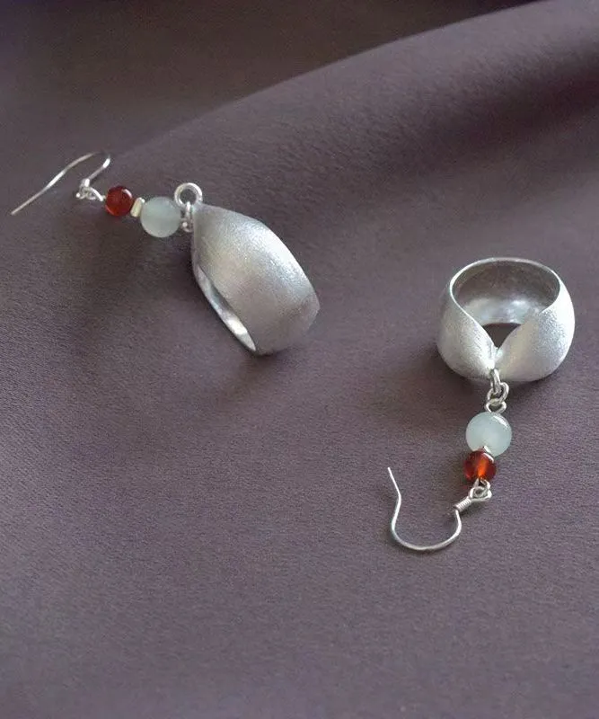 Handmade Retro Jade Patchwork Silver Drop Earrings LY9142