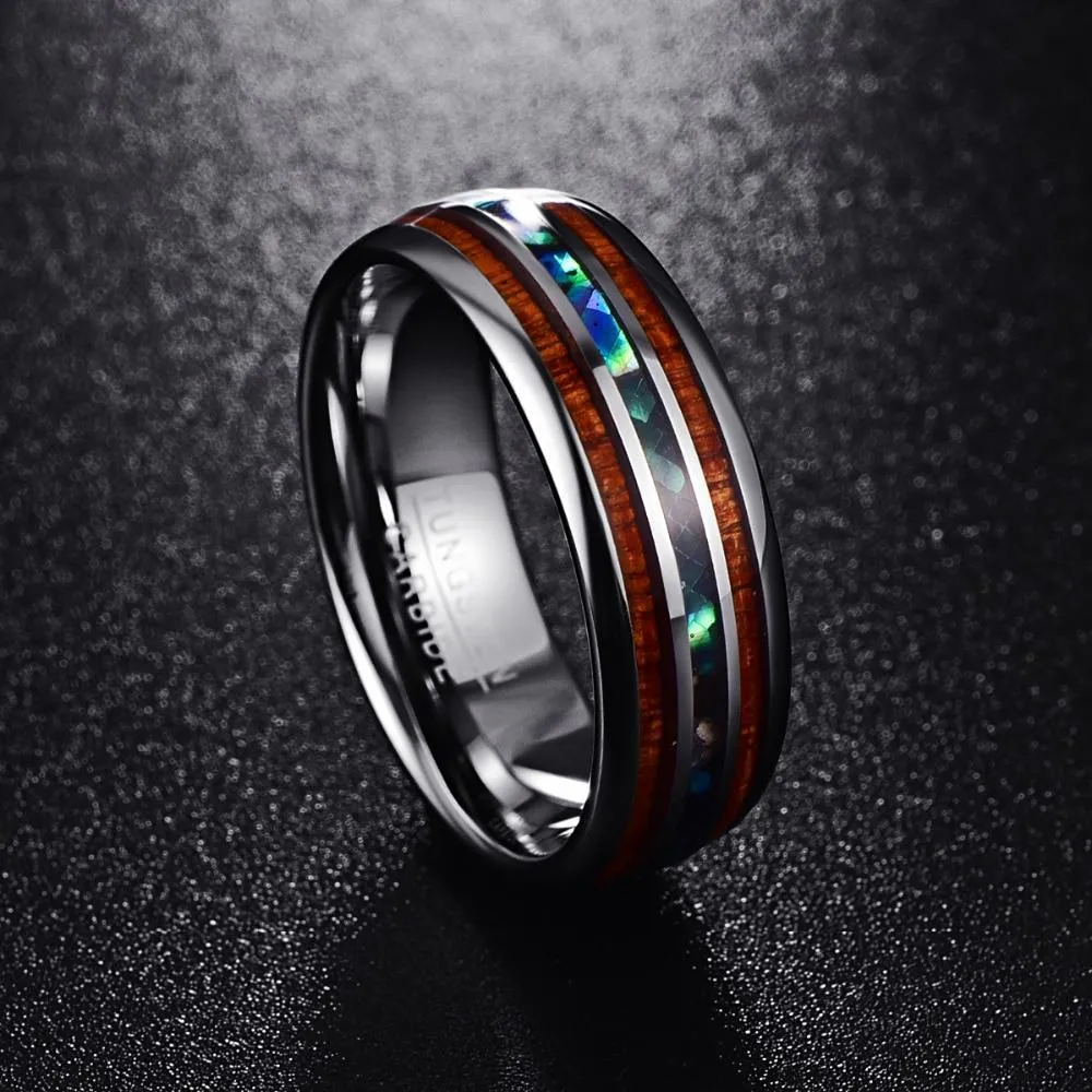 Hawaiian Koa Wood and Abalone Shell Ring with Tungsten Carbide for Men, Comfort Fit Sizes 5-14