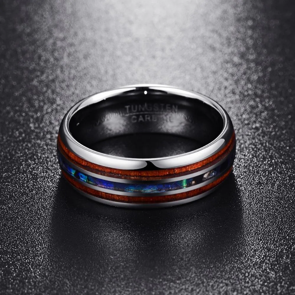 Hawaiian Koa Wood and Abalone Shell Ring with Tungsten Carbide for Men, Comfort Fit Sizes 5-14