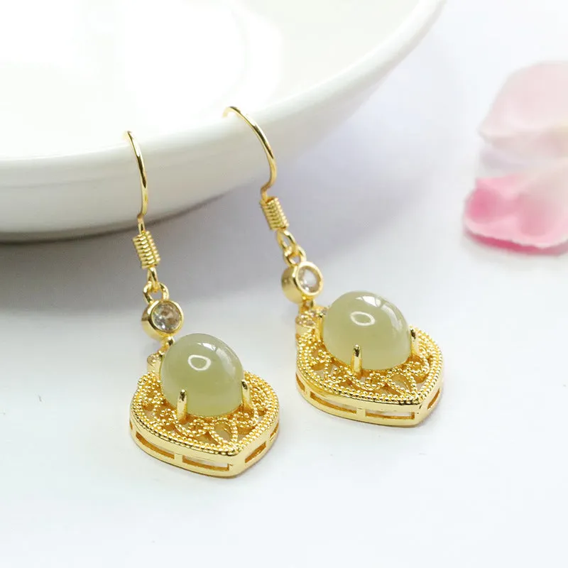 Heart-Shaped Hotan Jade Earrings with Sterling Silver Hooks