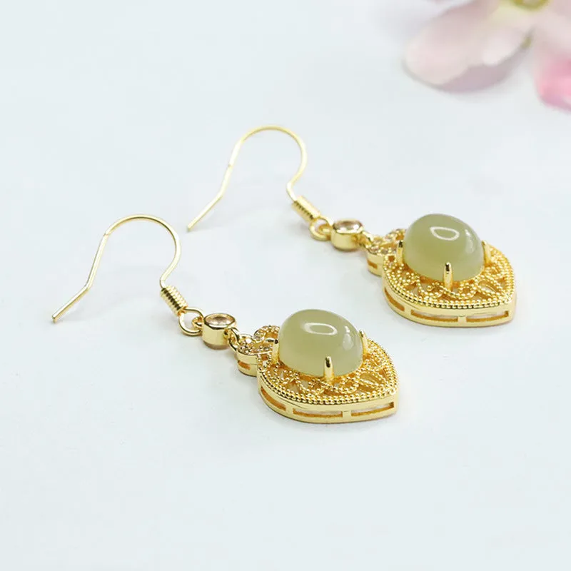 Heart-Shaped Hotan Jade Earrings with Sterling Silver Hooks