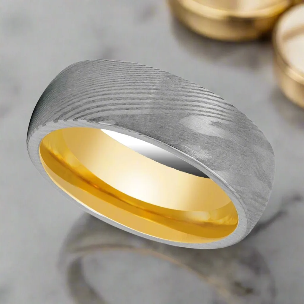 HELIOS | Damascus Steel Ring, Yellow Tungsten, Domed