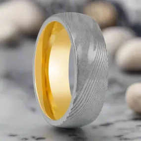 HELIOS | Damascus Steel Ring, Yellow Tungsten, Domed