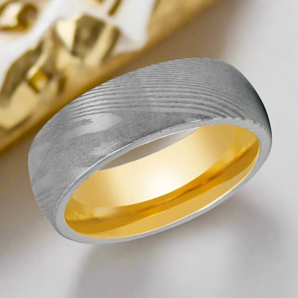 HELIOS | Damascus Steel Ring, Yellow Tungsten, Domed