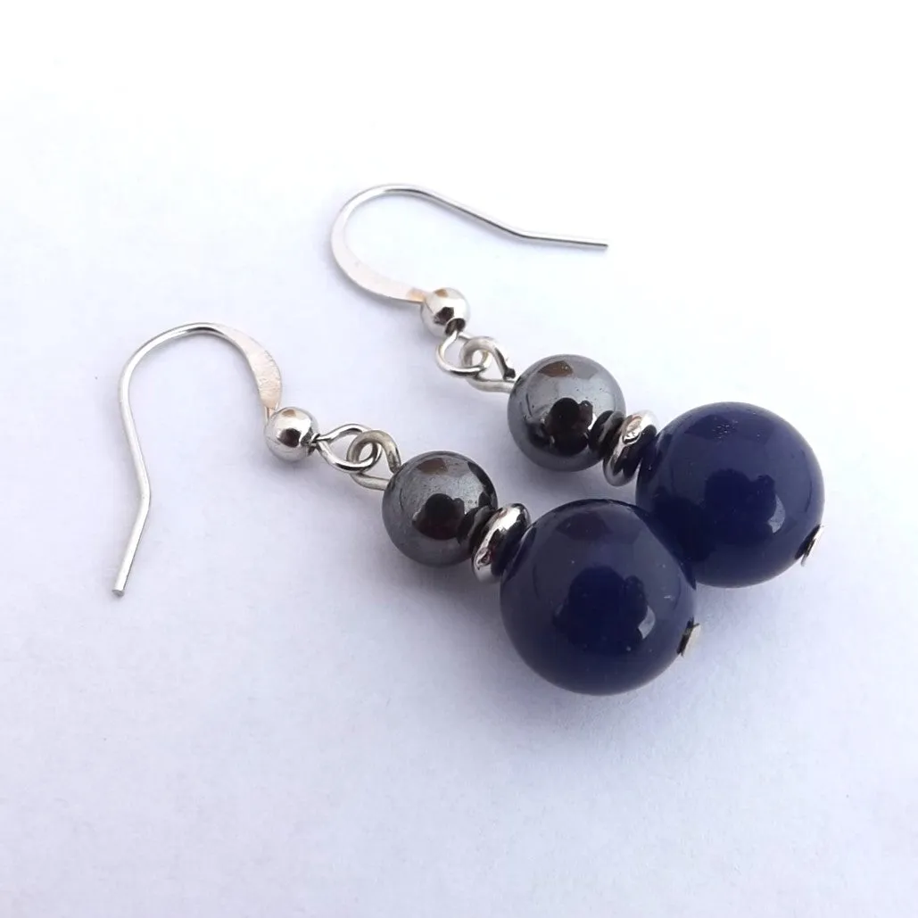 Hematite & Blue Semi Precious Gem Bead Earrings