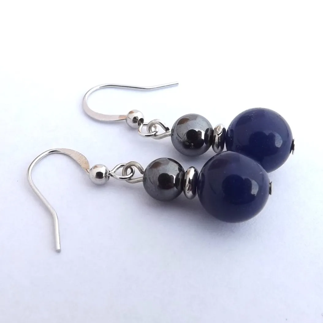 Hematite & Blue Semi Precious Gem Bead Earrings