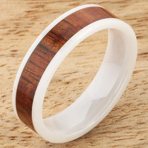 High Tech White Ceramic Natural Koa Wood Flat Wedding Ring 6mm