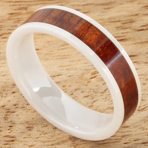 High Tech White Ceramic Natural Koa Wood Flat Wedding Ring 6mm