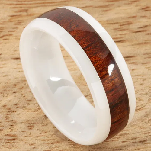 High Tech White Ceramic Natural Koa Wood Oval Wedding Ring 8mm