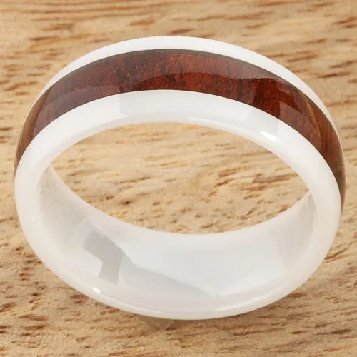 High Tech White Ceramic Natural Koa Wood Oval Wedding Ring 8mm