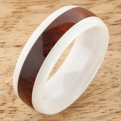 High Tech White Ceramic Natural Koa Wood Oval Wedding Ring 8mm