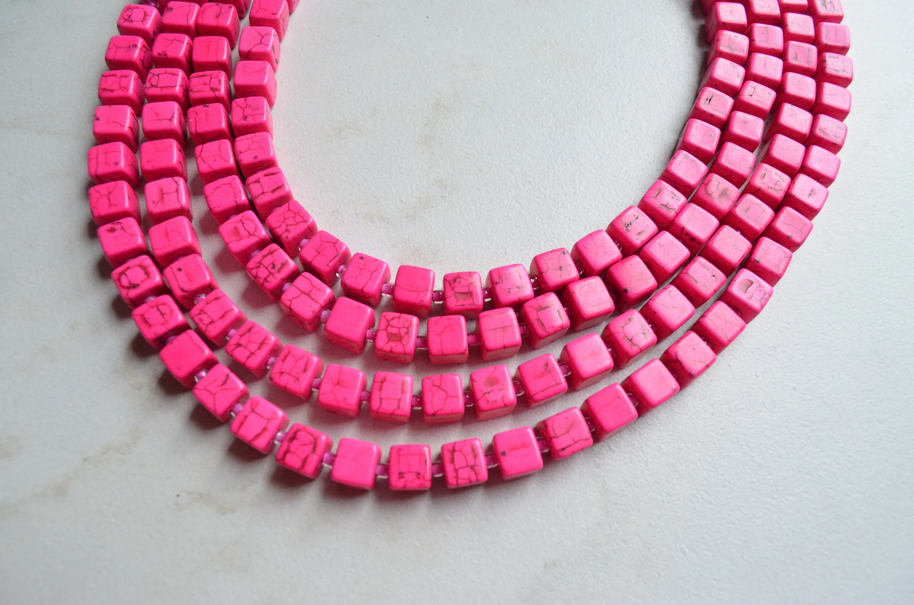 Hot Pink Cube Beaded Multi Strand Chunky Statement Necklace - Cubist