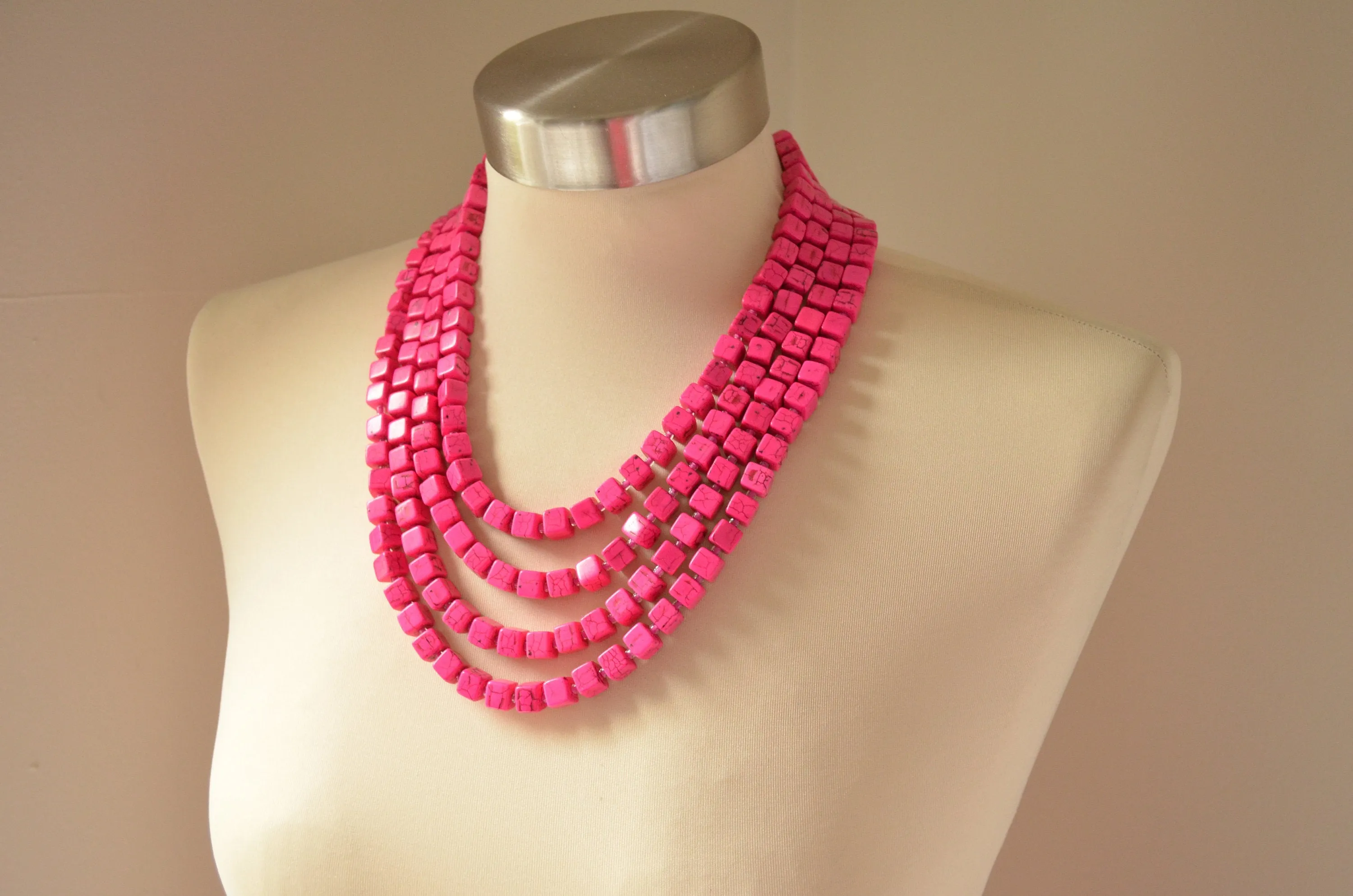 Hot Pink Cube Beaded Multi Strand Chunky Statement Necklace - Cubist