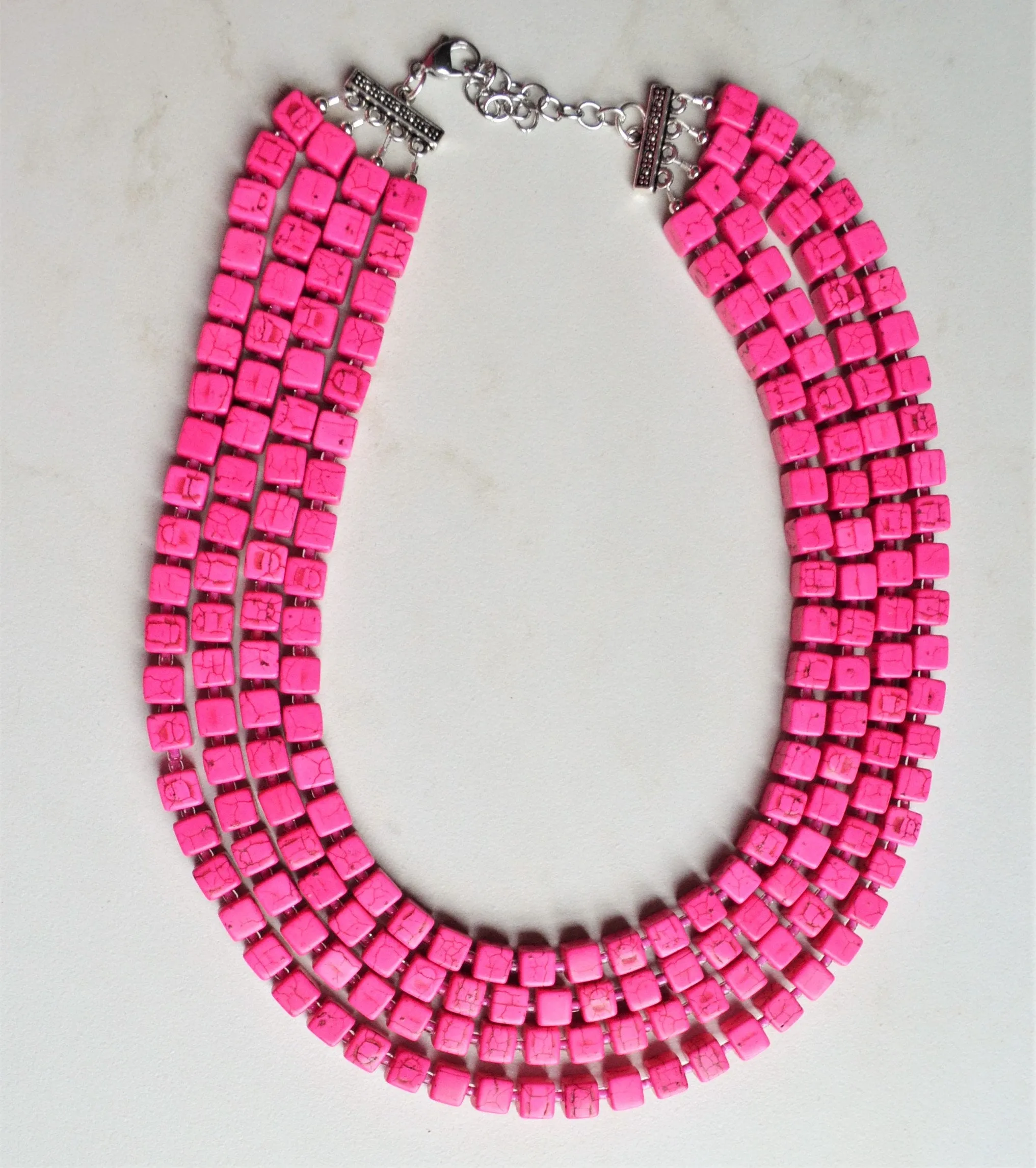 Hot Pink Cube Beaded Multi Strand Chunky Statement Necklace - Cubist