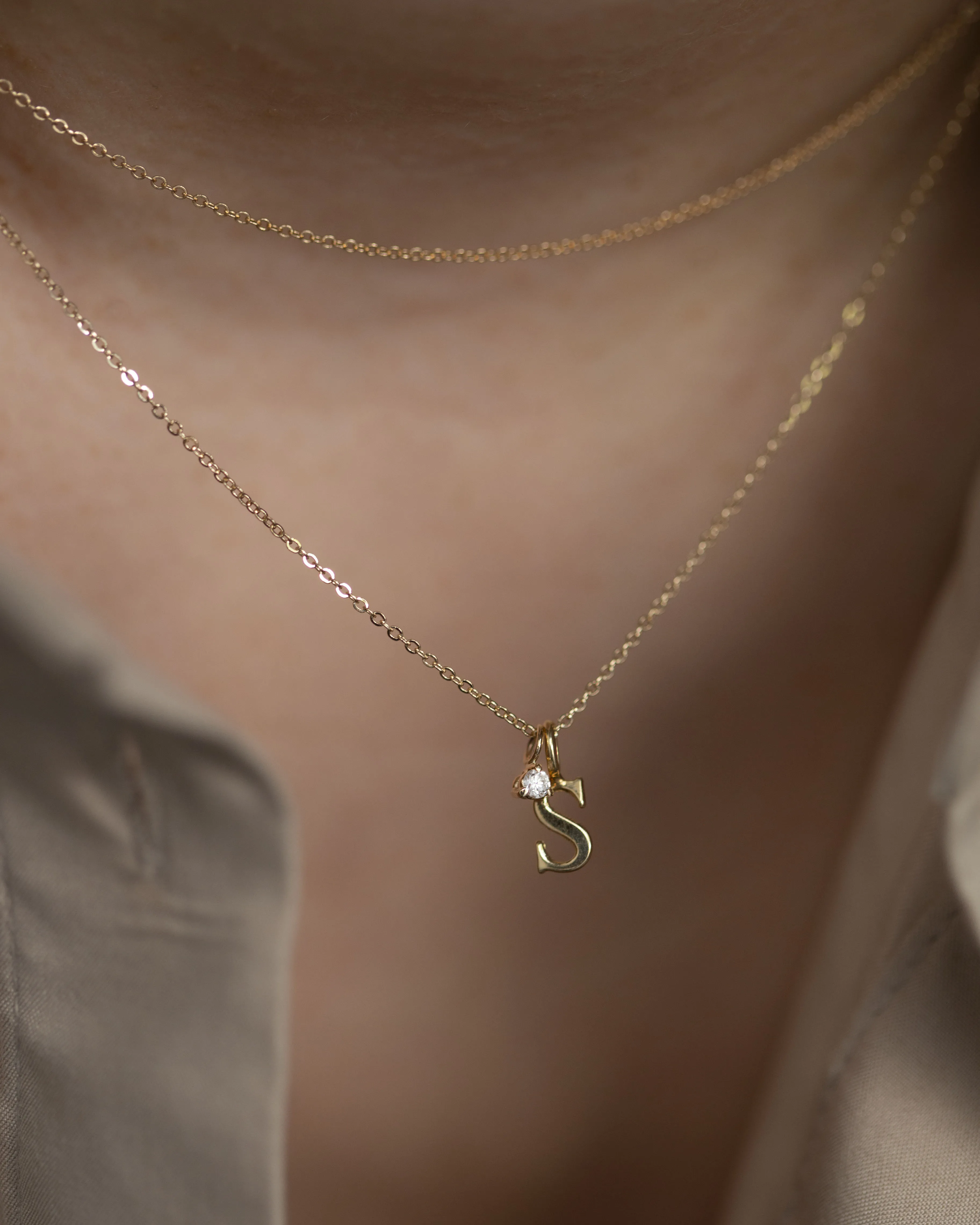 Initial Charm with  Baby Diamond Solitaire Necklace