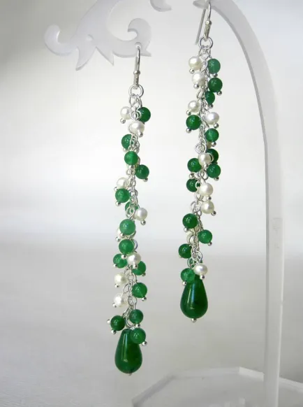 Jade Bead and Freshwater Pearl Earrings