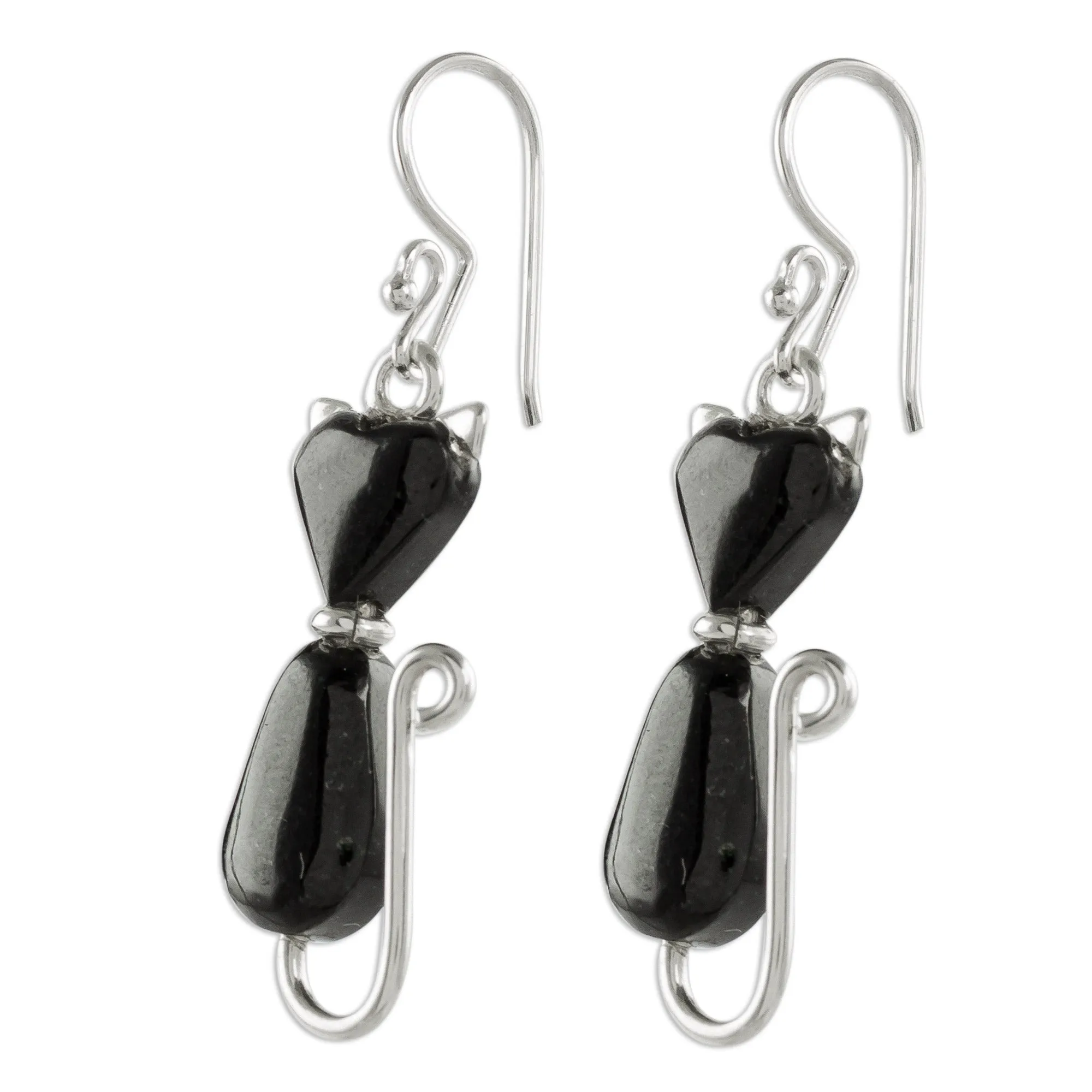 Jade Cat Dangle Earrings in Black from Guatemala - Cats of Love in Black | NOVICA