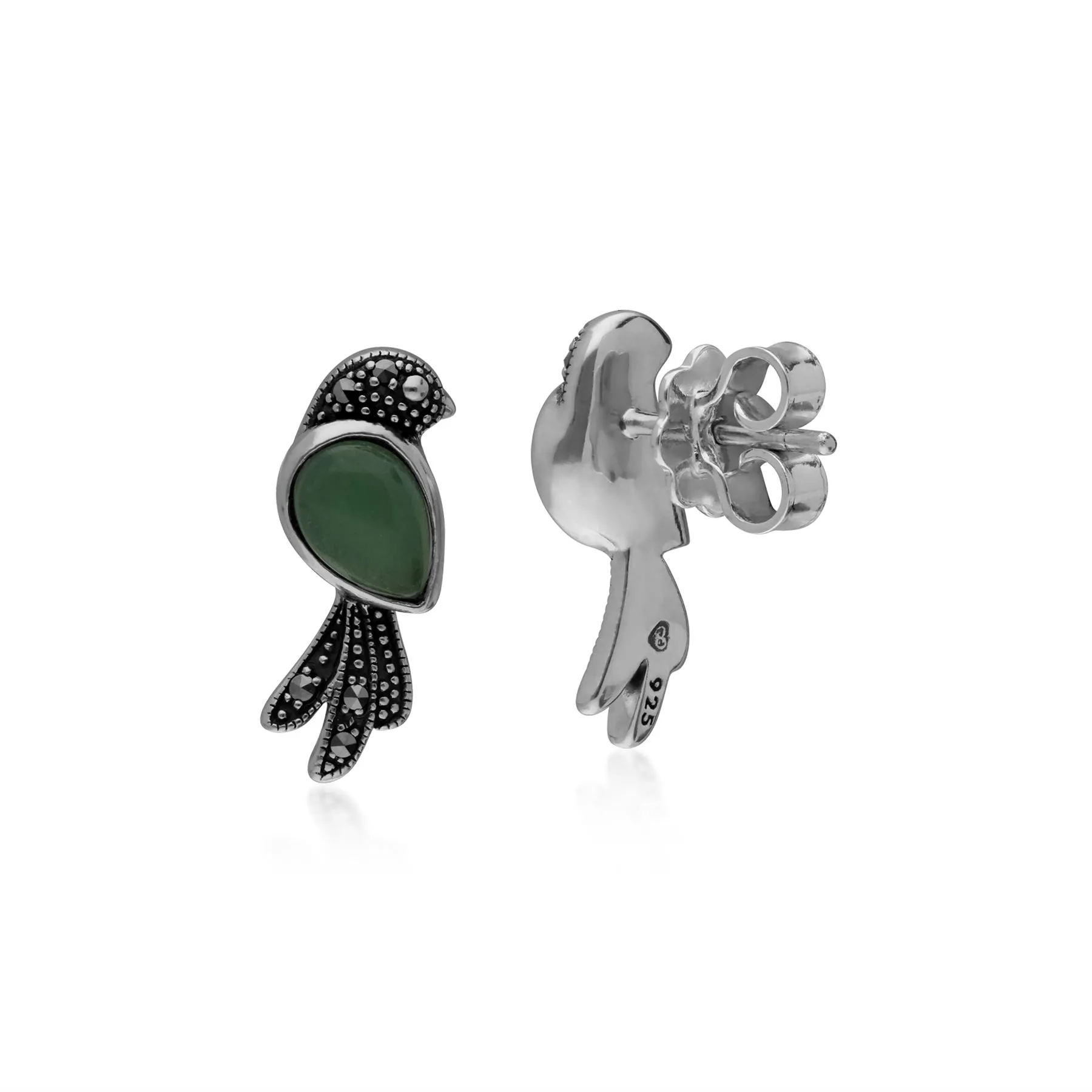 Jade Ohrringe, Sterlingsilber 1ct Jade & 0.09ct Markasit Vogel Ohrringe