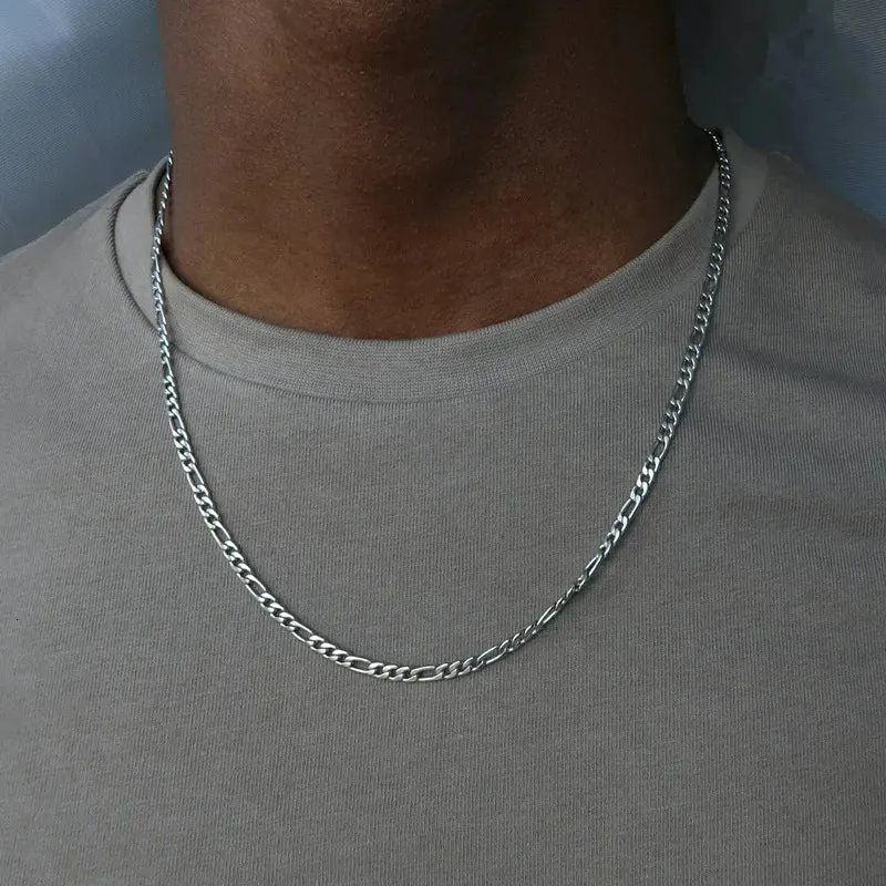 JC - Men’s Figaro Chain Necklace: Silver stainless steel, punk hip-hop style