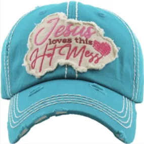 Jesus Loves This Hot Mess Vintage Baseball Cap Hat - Turquoise