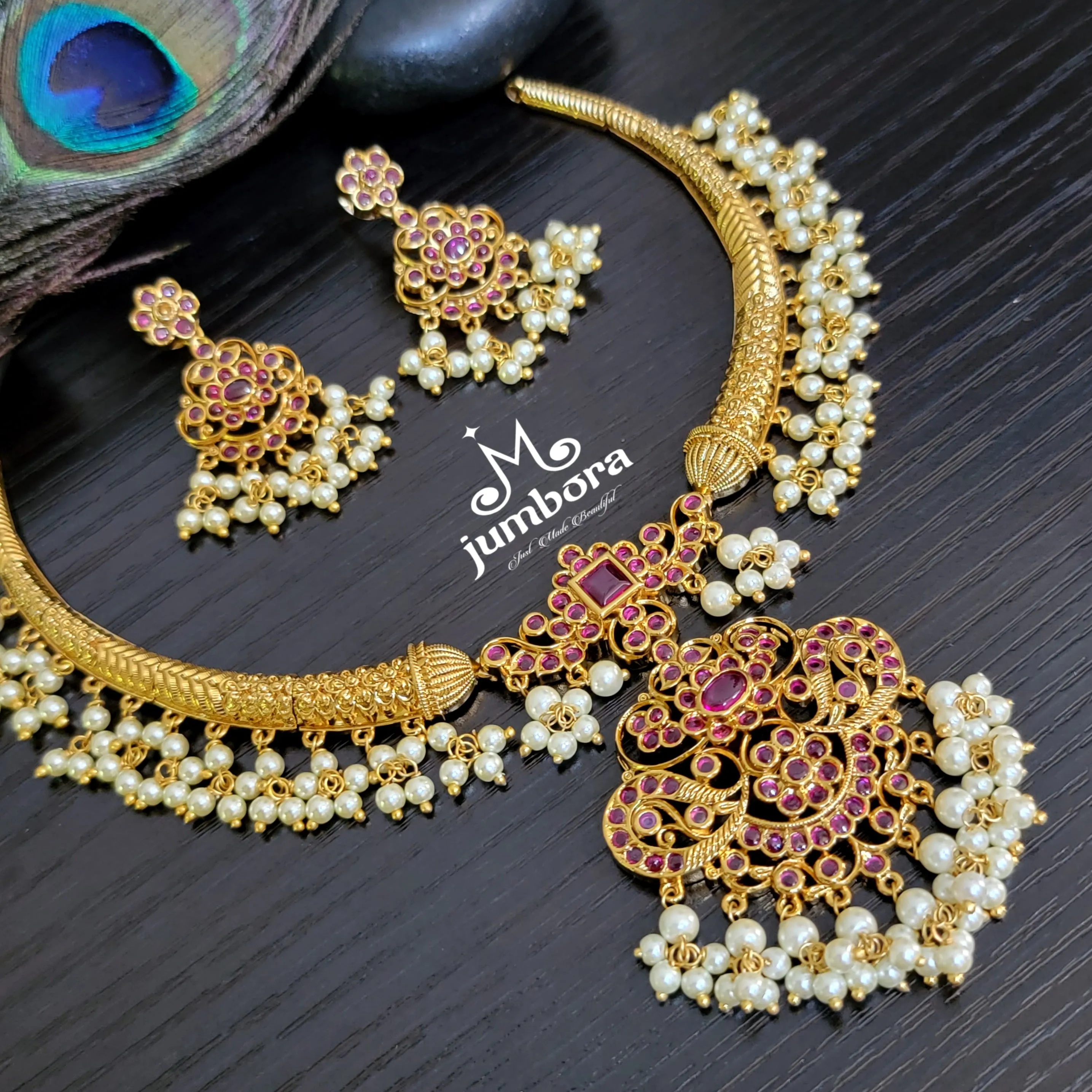 Kaante Style Real Kempu Guttapusalu Necklace Set