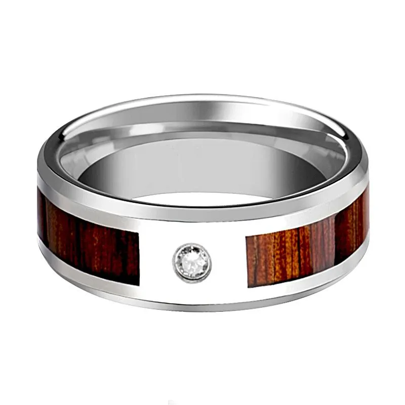 KAHUNA | Silver Tungsten Ring, Diamond, Koa Wood Inlay, Beveled