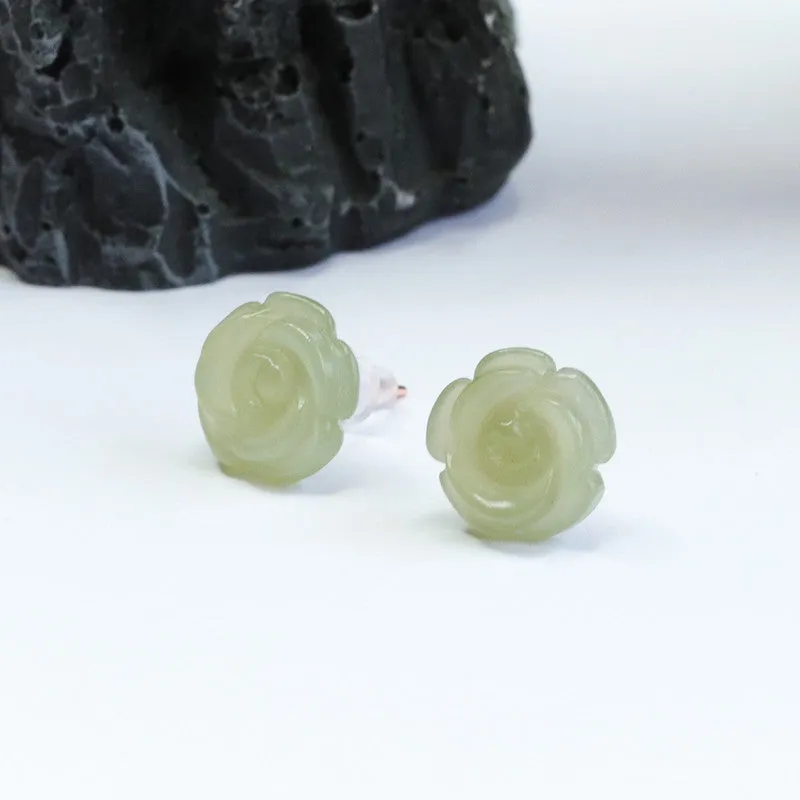 Lake Green Silver Flower Earrings with Natural Hotan Jade Insets