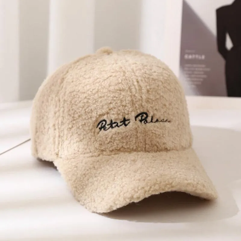 Lamb Wool Baseball Cap Letter Embroidery Women Sun Hat Lady Girls Outdoor Warm Winter Spring Plush Caps