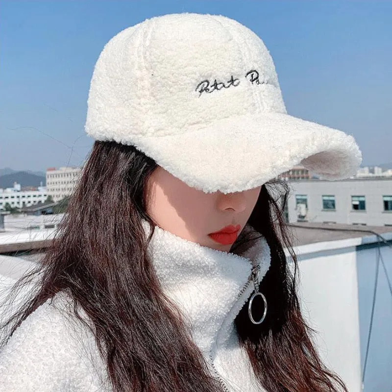 Lamb Wool Baseball Cap Letter Embroidery Women Sun Hat Lady Girls Outdoor Warm Winter Spring Plush Caps